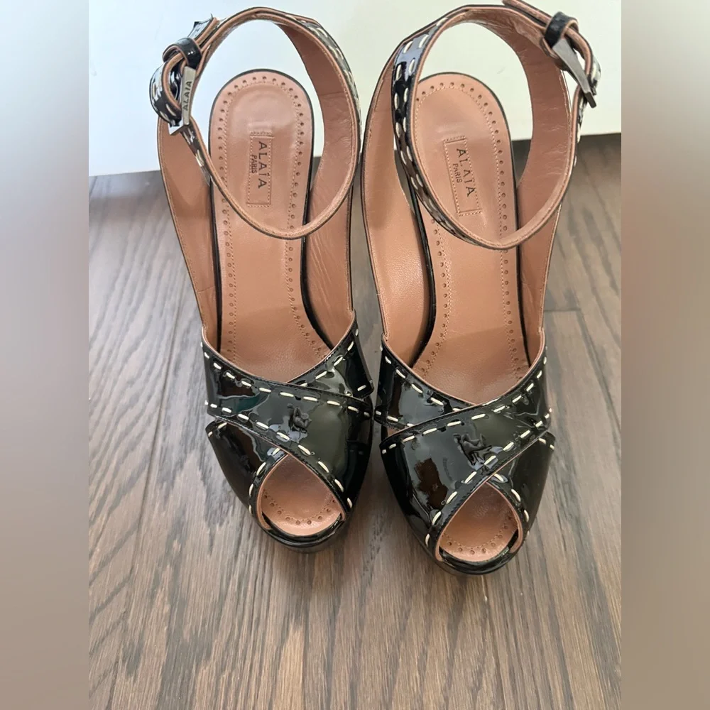 ALAIA Patent Leather Ankle Strap Platform Sandals 37